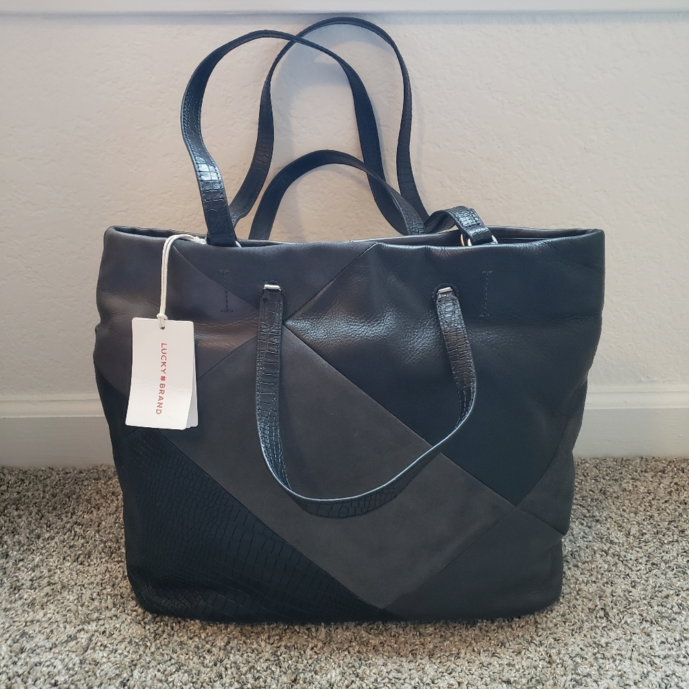 Lucky Brand Jema Two-Tone Black and Gray Tote Purse Genuine Leather!